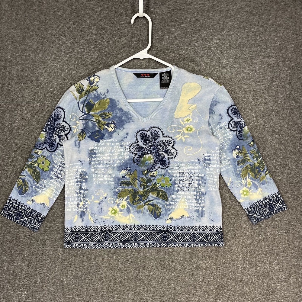 Vintage Three Hearts Blouse 3/4 Sleeve Women's L Blue Floral Beaded 90s Y2K